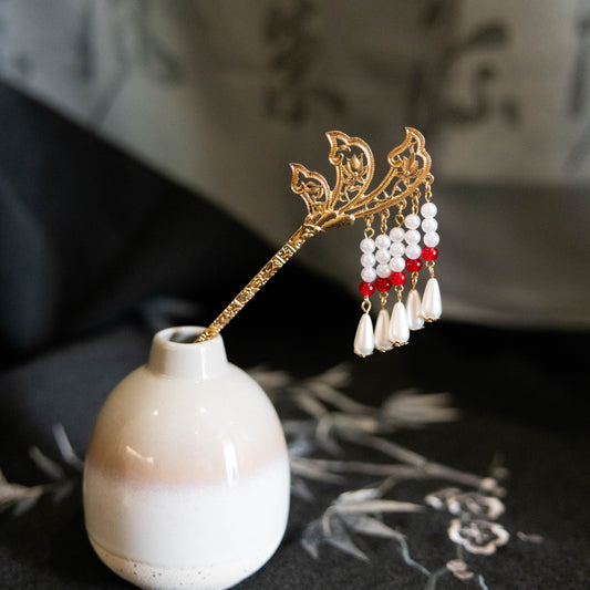 Gold tone lotus faux pearl hairpin 莲花珍珠唐风发簪