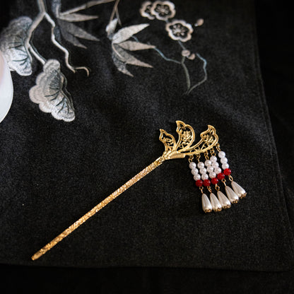 Gold tone lotus faux pearl hairpin 莲花珍珠唐风发簪