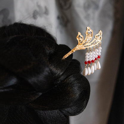 Gold tone lotus faux pearl hairpin 莲花珍珠唐风发簪